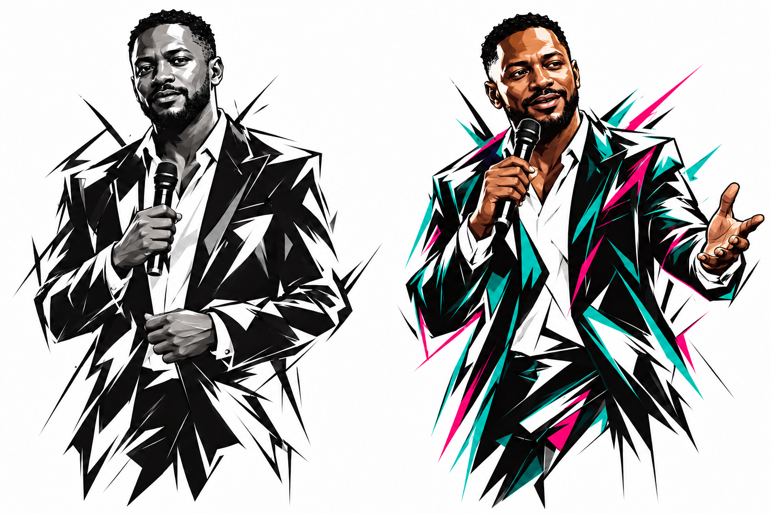 Angular ink illustration of a Black presenter, from a formal stance to an engaged, open gesture