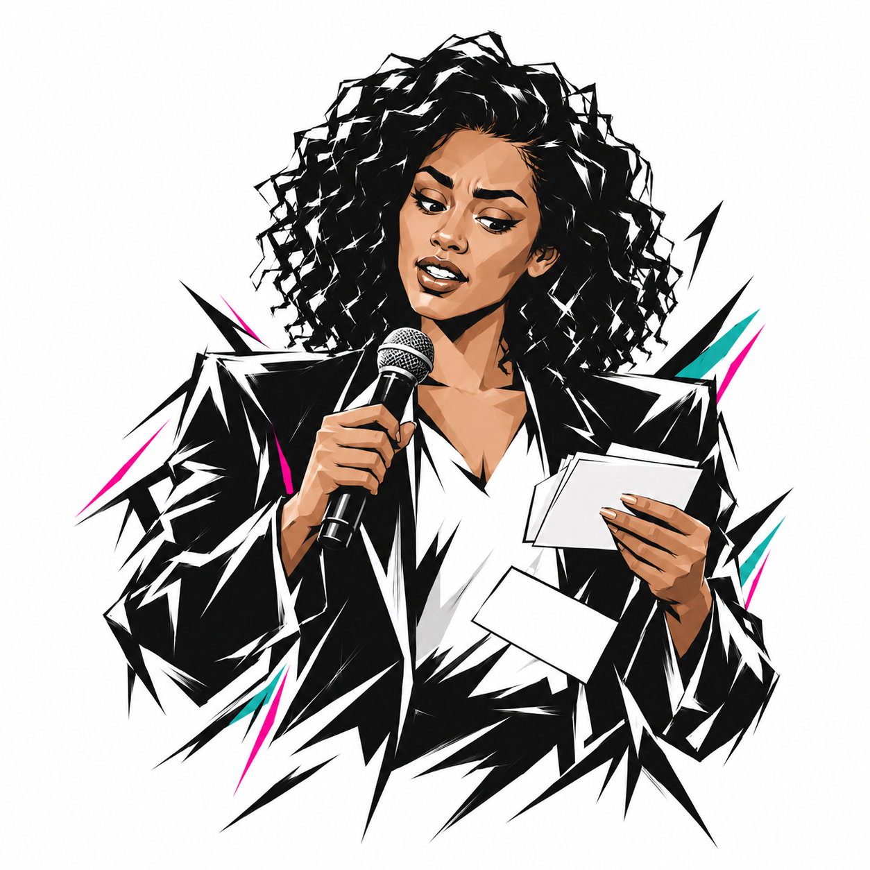 The same woman checking her cue cards while holding a microphone