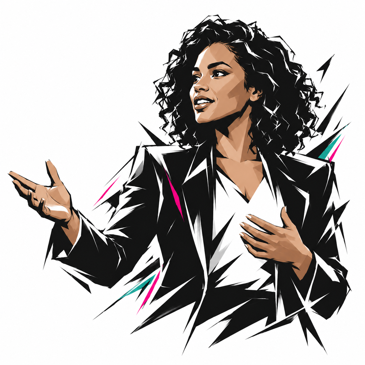 Angular ink illustration of a Coloured woman confidently presenting